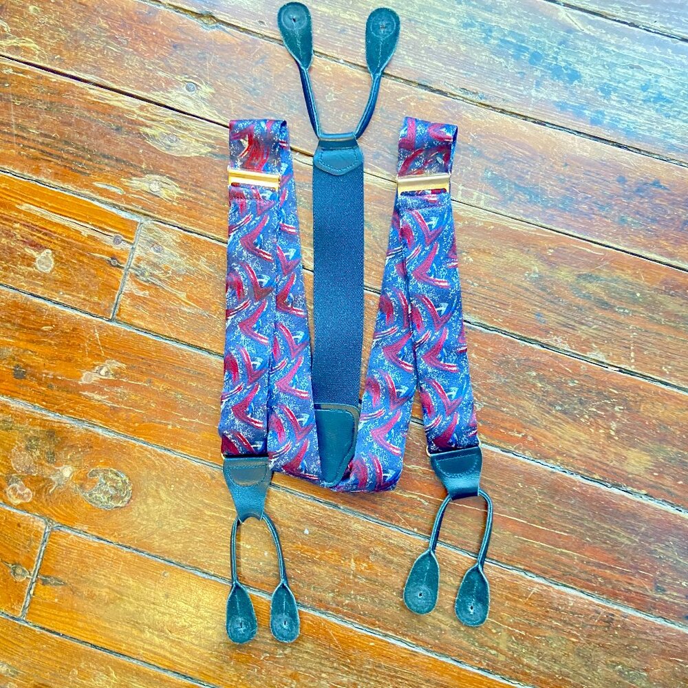 Vintage Pelican Blue Abstract Silk Braces Suspenders Leather Button On USA EUC